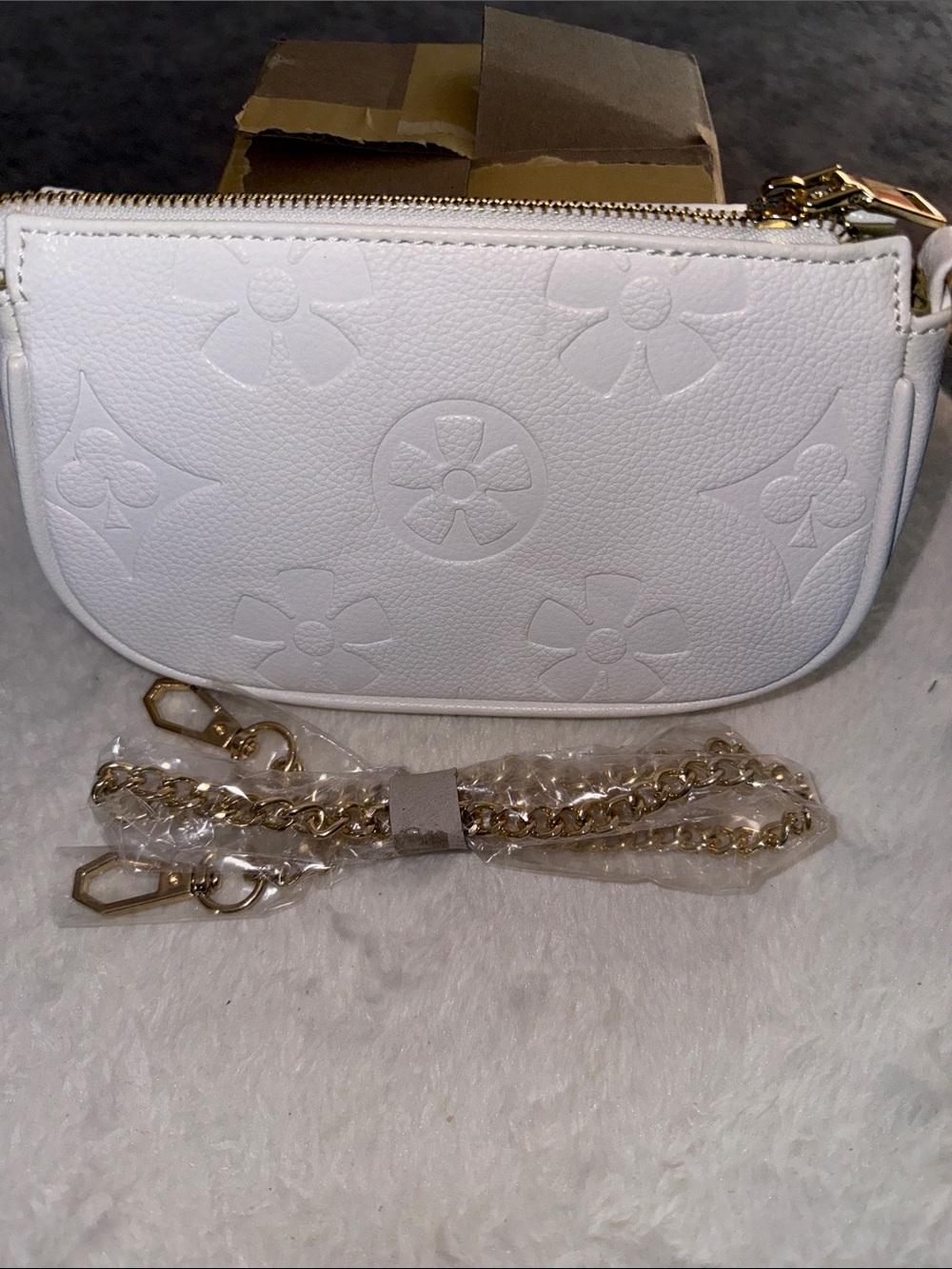 White Embossed Leather Small Crossbody Bag with Gold Chain Strap